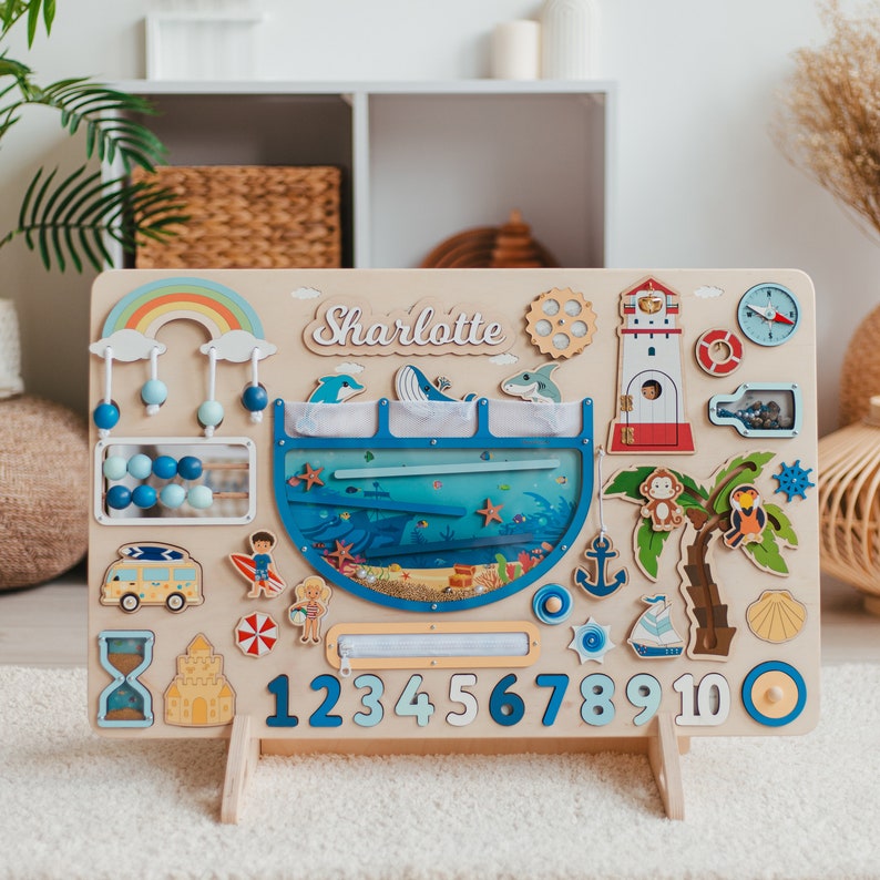 Busy Board Baby Girl Gift Montessori Board For Toddlers Gifts For Kids Wooden Activity Toy Sensory Personalized Birthday Gift 1 2 3 Year Old image 3
