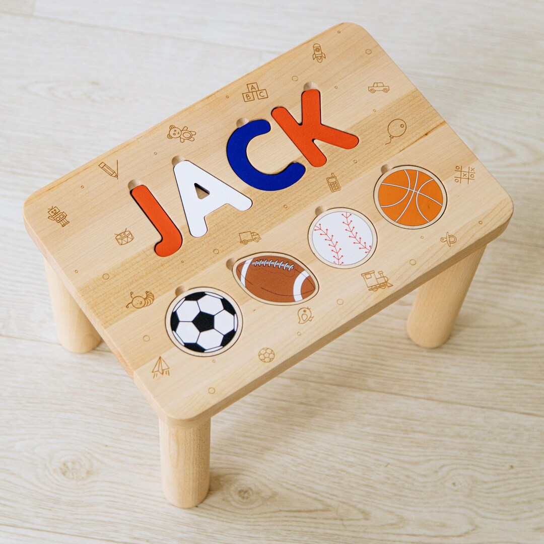 Wooden Step Stool for Toddlers Kids Furniture Sport Themed Nursery 1 2 ...