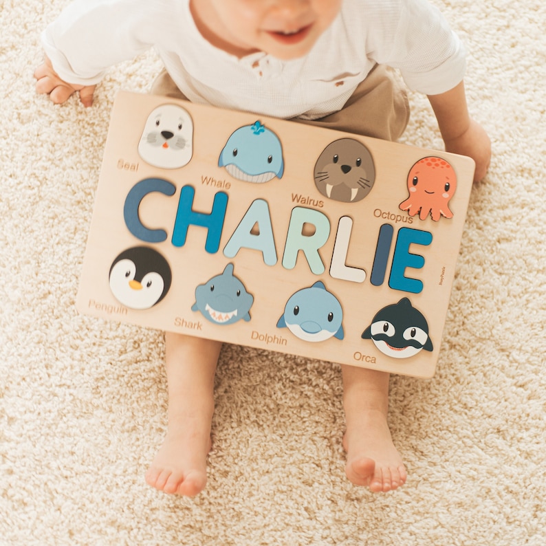 Name Puzzle With Animals, Ocean Nursery Decor, Toddler Montessori Toys, First Birthday Gift, Wooden Educational Toy, Custom Baby Shower Gift image 1