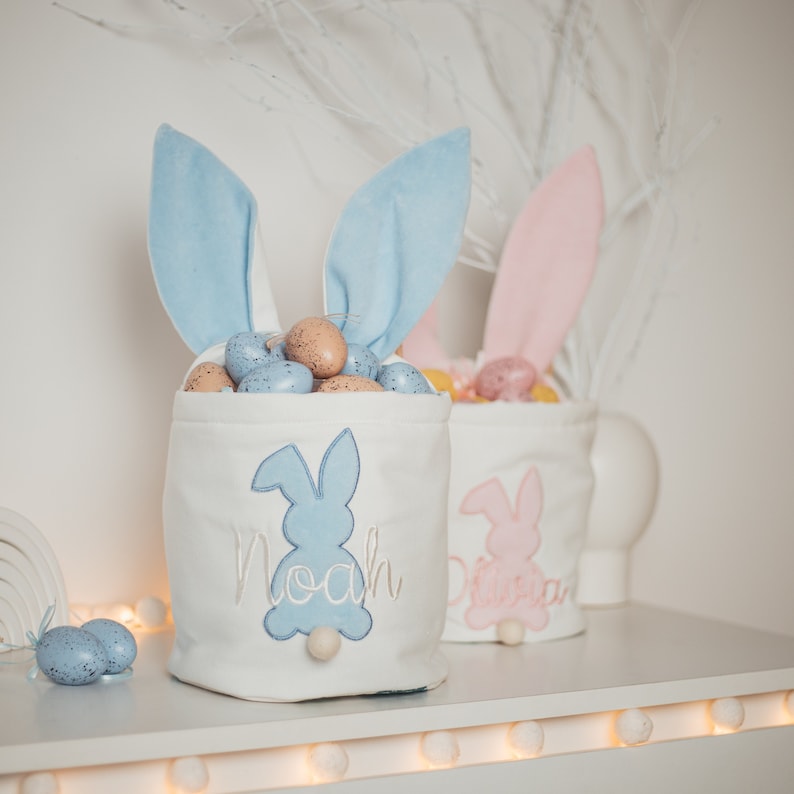 Personalized Easter Basket. Custom Embroidered Easter Bunny. Kids Easter Basket. Baby Girl And Boy Basket. Egg Basket For Easter Activities. image 2