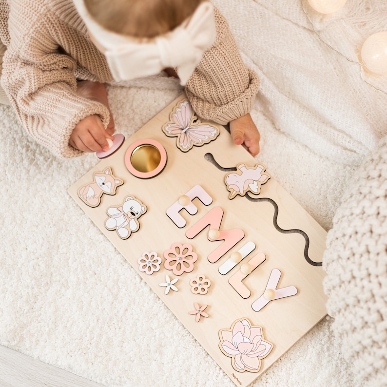 Wooden Busy Board Personalized Name Puzzle Baby Girl Gift Nursery Decor First Christmas Gift Wooden Toys 1st Birthday Gift image 8