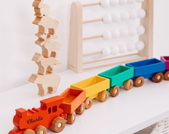 Train Name With Magnets Handmade Wooden Train Additional Set of Animals Freight Train Fidget Toys For Kids Baby Boy & Girl Gift
