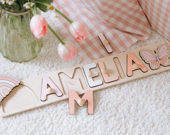 Personalized Cute Puzzle for Girls Wooden Puzzle With Butterfly at Extra Charge Newborn Gift Custom Baby Gift First Birthday Gift Girl