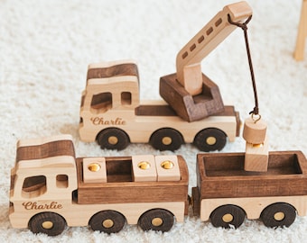 Véhicules de construction, petites voitures en bois avec noms, cadeaux d'anniversaire personnalisés pour garçon, jouets pour enfants, jeux de simulation, jouets sensoriels, grue jouet, cadeau de baptême