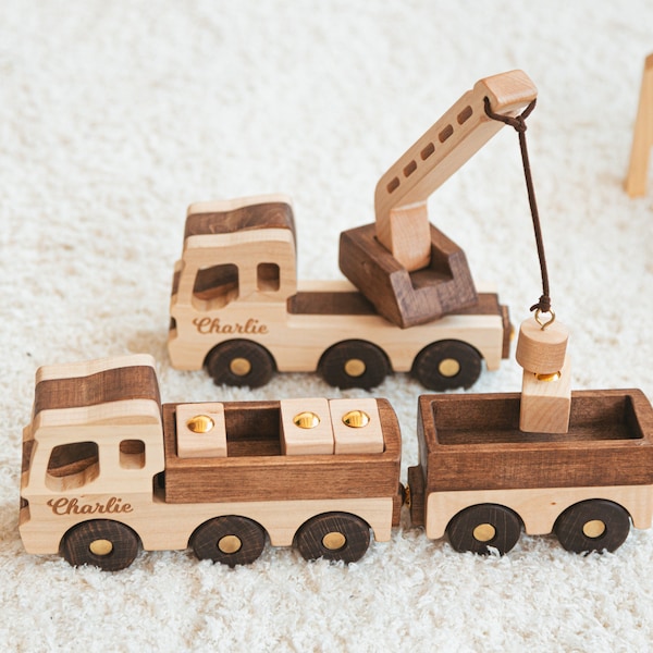 Construction Vehicles Wooden Toy Cars With Names Personalized Birthday Boy Gifts Kids Pretend Play Toys Sensory Toys Toy Crane Baptism Gift