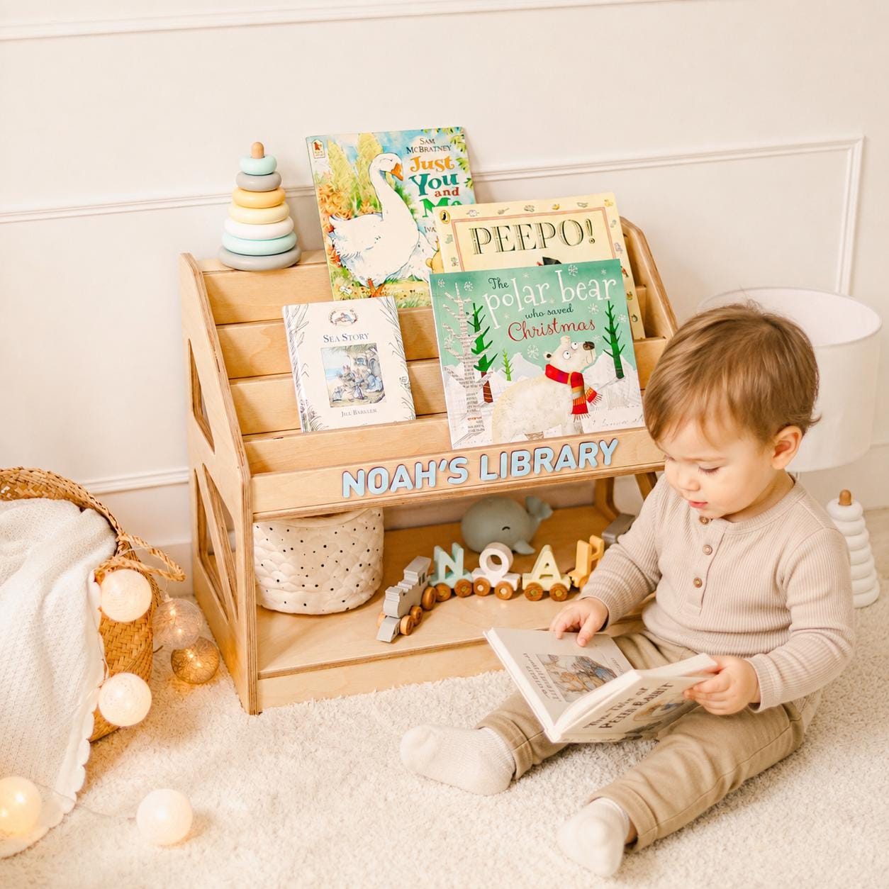 Montessori Kids Bookshelf: Front Facing Wooden Book Display, Nursery Furniture, Kids Reading Corner