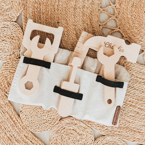 Ceinture à outils en bois personnalisée, trousse à outils, trousse de réparation pour enfants, cadeau d'anniversaire pour garçon, jeu Montessori pour enfants, jouets Waldorf pour enfants