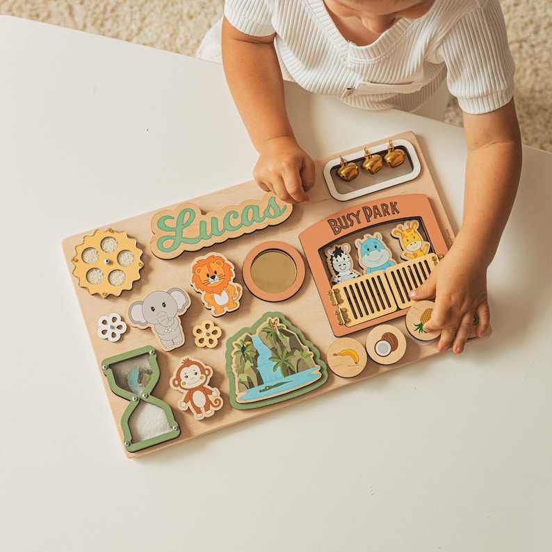 1st Birthday Boy Gift Personalized, Sensory Busy Board For Toddler, Wooden Montessori Toy, Kids Toys, Woodland Nursery Decor, Christmas Gift image 5