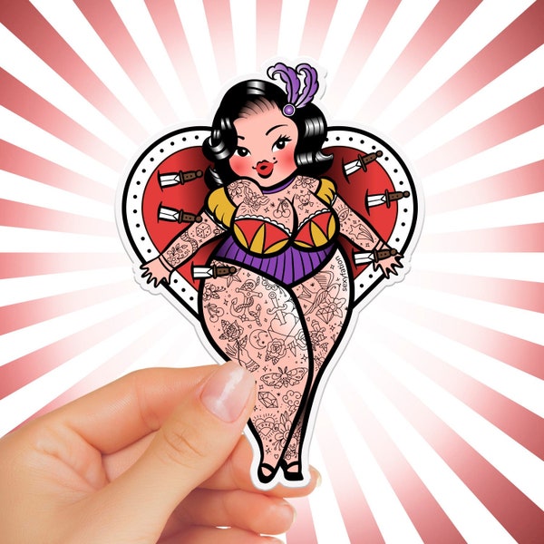 DOLORES STICKER - Vintage Circus Sticker, Plus Size Tattooed lady Sticker, Old School, Body Positive Waterproof Sticker, Curvy Tattooed