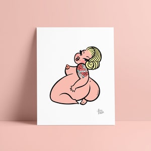 Fat Pin Up Art Print: Body Positive Tattooed Bombshell Illustration