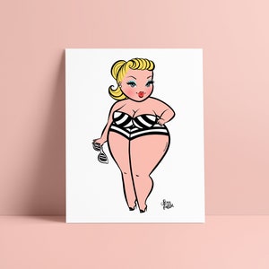 May include: A cartoon illustration of a woman in a black and white striped swimsuit, holding sunglasses. The woman has blonde hair and red lips. The background is white.
