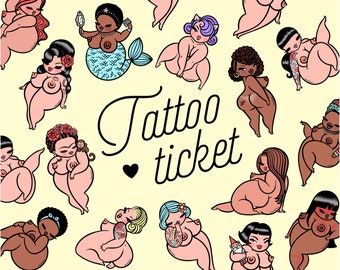Puede incluir: Una ilustración colorida de varias mujeres con tatuajes. Las mujeres están dibujadas en un estilo pin-up y todas tienen diferentes formas y tamaños. El texto "Tattoo Ticket" está escrito en una fuente estilizada en el centro de la imagen.