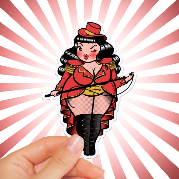 DOMINIQUE STICKER - Vintage Circus Sticker, Plus Size Pin Up Sticker, Plus Size Ringmaster, Body Positive Waterproof Sticker, Curvy Lady art