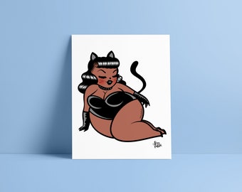Noire Art Print 8" x 10" - Sexyfation - Body Positive Art - Halloween Pin Up Art Print - Spooky Pin Up Print - Witch Art Print - Cat Woman