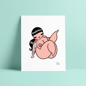 Impression d'art body positive - grosse pin up - illustration rockabilly, poupée pin up, sexyfation, art féministe, art fille tatouée, poster pin up, bopo