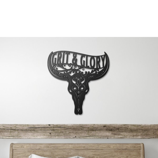 Grit and Glory Steer Skull Metal Wall Art, Country Cottage Home Decor, Wall Decor, Metal Sign