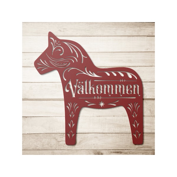 Dala Horse Valkommen Metal Sign, Scandinavian Welcome Decor