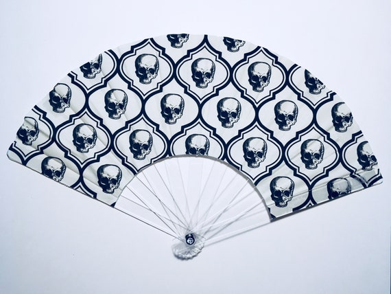 Hand Fan Black And White Mosaic Skulls Lucite