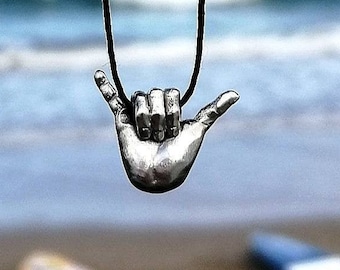 Surf hang loose shaka  / Sterling silver necklace / Sea jewerlry / Sterling silver chain / Adjustable woxy cord / Necklace charm /Surf gift