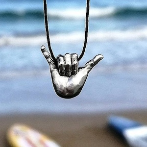 Surf hang loose shaka  / Sterling silver necklace / Sea jewerlry / Sterling silver chain / Adjustable woxy cord / Necklace charm /Surf gift