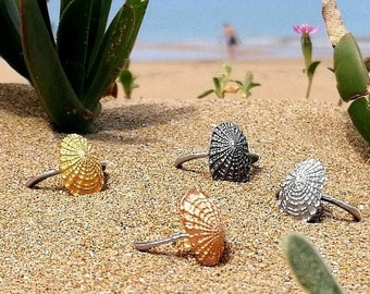 Seashell ring/Sterling silver goldplate/Yellow-Pink-Silver-Carbon/Sea rings/Beach jewelry/Gift for surfer girl / Adjusted to any finger.