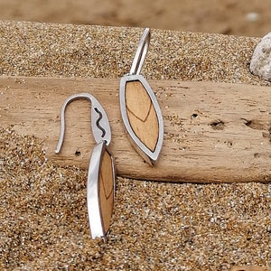 Surf earrings sterling silver / Birch wood / Surf board earrings / Earrings charm / Gift for surf girl