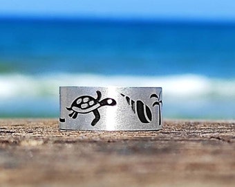 Surf ring aloha / Sterling silver / Sea shells / Waves / Palm surf / Charm ring / Ring for surf and sea lovers / Carreta Carreta