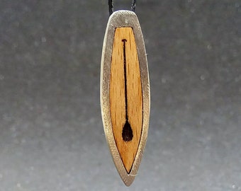 Surfboard / Sterling silver necklace with birch wood /Engraved Paddle for SUP lovers / Adjustable synthetic cord / Handmade / Silver clasp