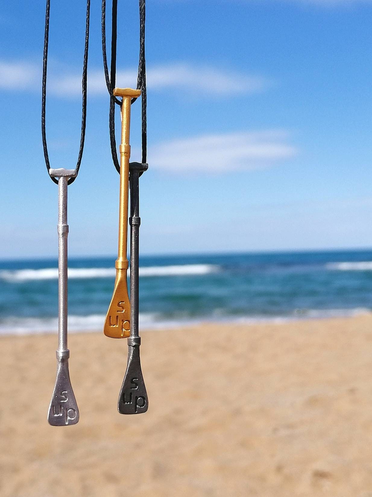SUP necklace - Silver 925 -  Black platinum like carbon color- Adjustable synthetic cord  - Length 2.16inch Stand up  paddle