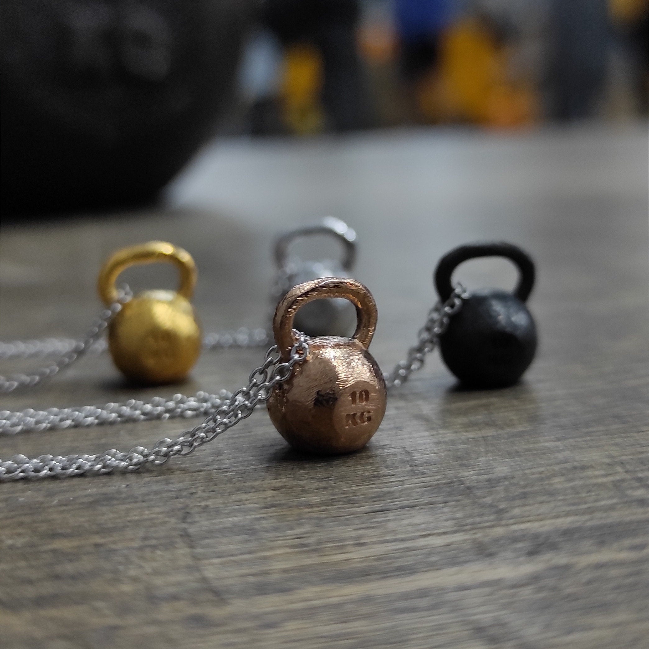Kettlebell Necklace / Sterling Silver / Carbon-gold-pink