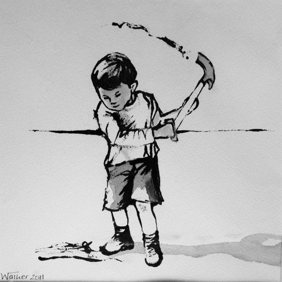 Boy Digging On Beach Original Ink And Wash Sketch By The Etsy