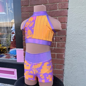 Girl’s Halloween Dance Outfit 2pc Top and Shorts Purple and Orange