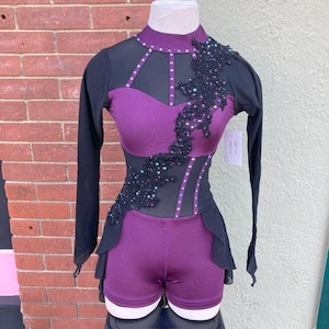 Damen S Lila und Schwarz Floral Mesh Damen Tanz Solo Kostüm