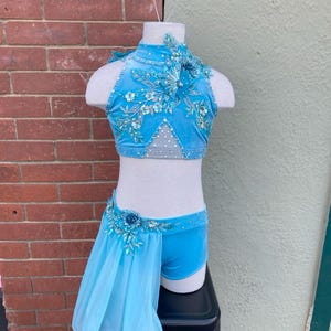 Girls L Blue Velvet Sparkle Floral Dance Solo Costume