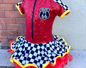 Strój z motywem Route 66, żółty, czarny i czerwony, do tańca solo, dla dziecka, XXL