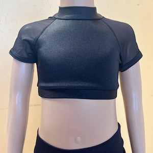 Black Crop Top Short Mesh Sleeve Child Dance Top