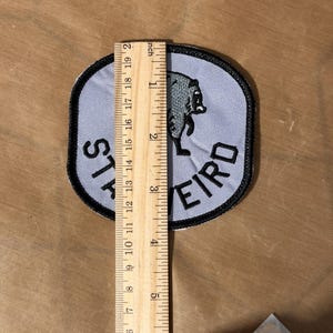 May include: A light blue embroidered patch with a black border, featuring a graphic of a raccoon and the text "STAY WEIRD" in black lettering. A wooden ruler is placed over the patch, showing a vertical measurement of approximately 3.5 inches.