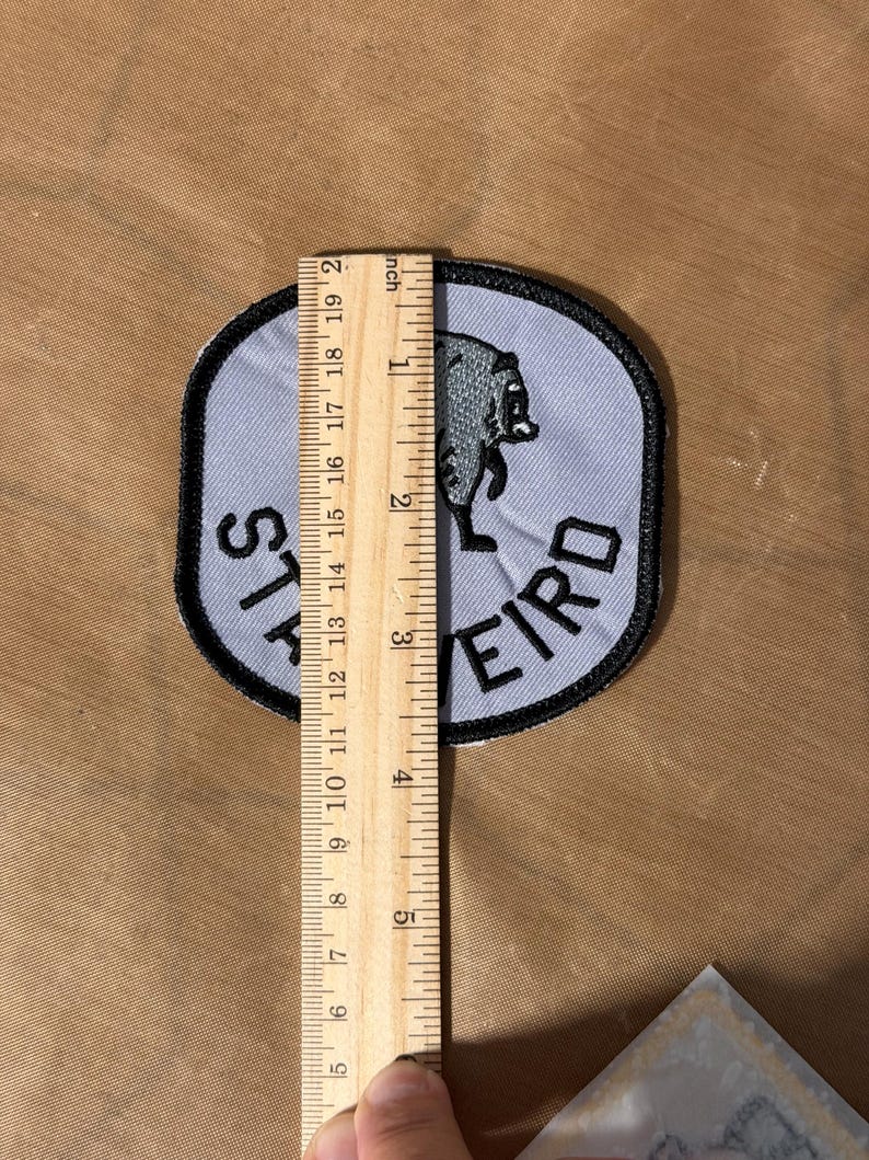 May include: A light blue embroidered patch with a black border, featuring a graphic of a raccoon and the text "STAY WEIRD" in black lettering. A wooden ruler is placed over the patch, showing a vertical measurement of approximately 3.5 inches.