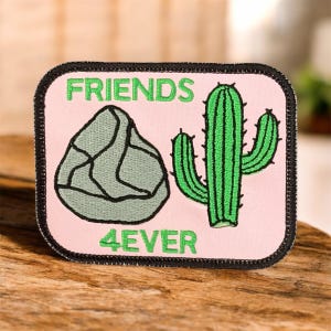 May include: A rectangular patch with a pink background and a black border. The patch features a green cactus and a gray rock design. The words "FRIENDS 4EVER" are embroidered in green.