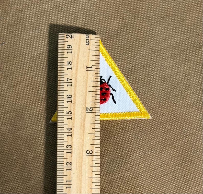 May include: A triangular patch with a white background and a yellow border. The patch features a red ladybug with black spots. The patch is approximately 5 cm in height, as measured by a wooden ruler.