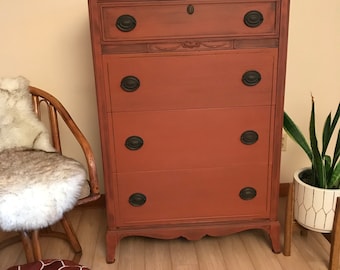 Sold! Do Not Purchase!!!! Boho Dresser Tallboy Dresser Chest of Drawers, burnt orange dresser