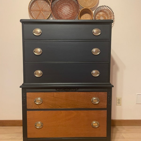 Sold!! Do Not Purchase! Vintage Black and Walnut Two Toned Dresser Vintage Federation Style Dresser with Raw Wood Drawers with Gold Hardware