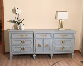 SOLD!!! DO NOT Purchase!!!! Gray and Gold Painted Dresser, Hollywood Regency Sideboard