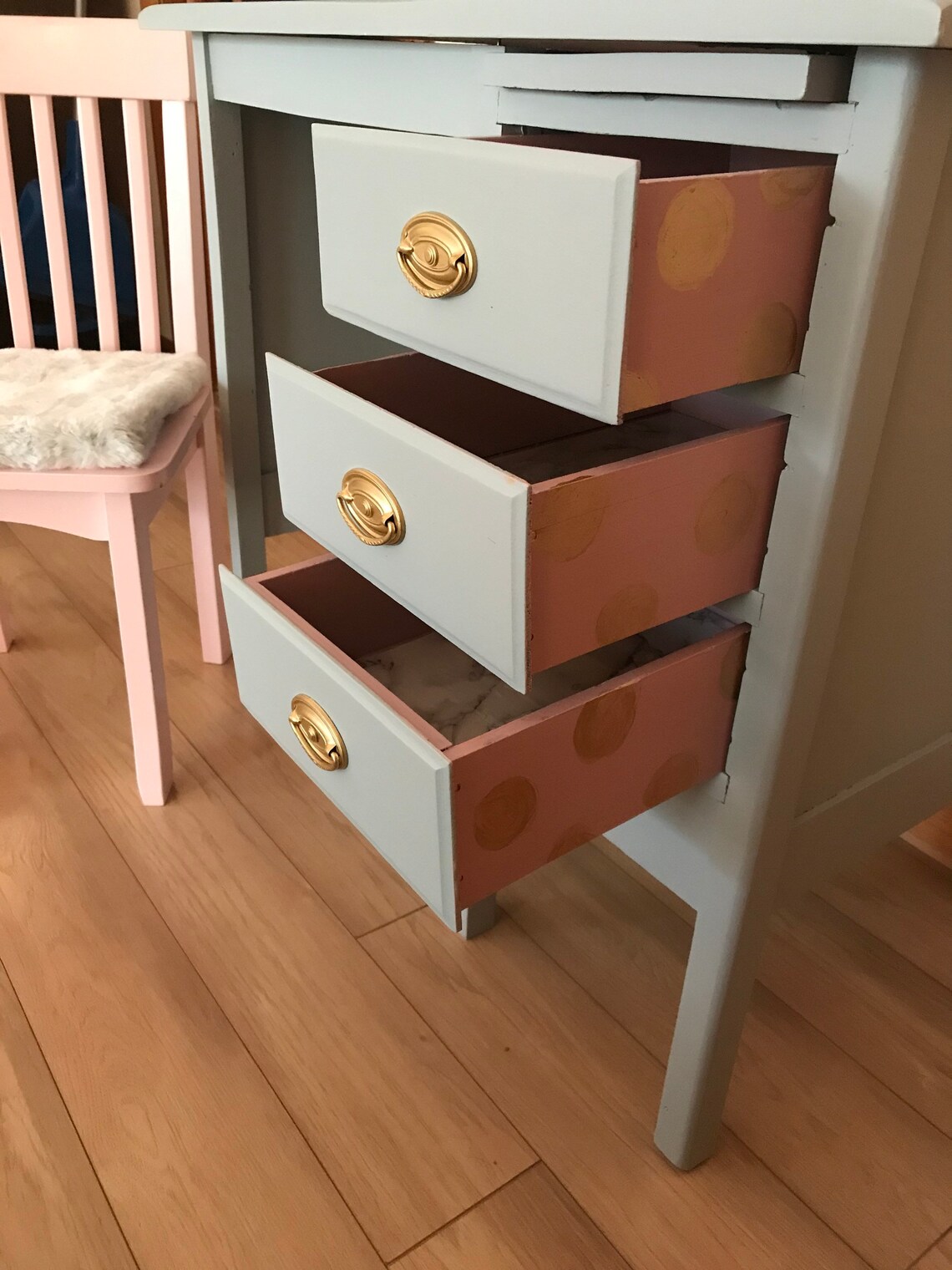 Little Girls Desk Wood Desk and Pink Chair Gray With Gold Etsy