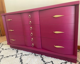dark pink dresser SOLD!! DO NOT Purchase!!! Refinished Magenta Mid-Century Modern Dresser,  Gold Hardware