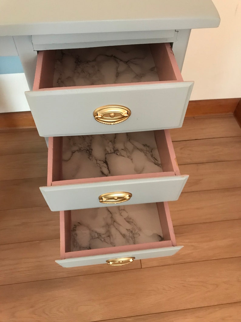 Little Girls Desk Wood Desk and Pink Chair Gray With Gold Etsy