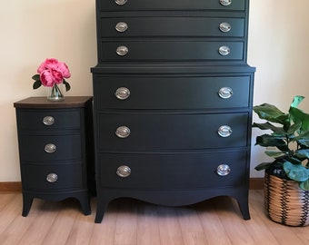Sold! Do Not Purchase!! Navy Tallboy Dresser and Matching Nightstand, Slate Blue, Steel Blue, Blue gray Dresser and Nightstand