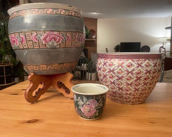 Vintage Chinoiserie Koi Fish Porcelain Planters, Set of Three