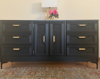 SOLD!! Do Not Purchase!!!!! Modern Black Long Dresser MCM Credenza Media Console Cabinet Boho Matte Black and Gold Buffet Entry