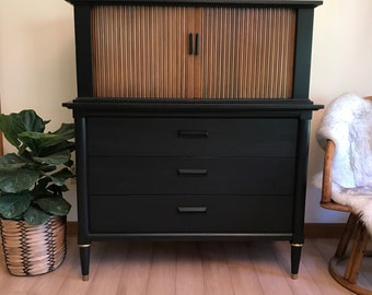 Sold!!!! Do Not Purchase!!!!!!! Mid Century Modern Tallboy Dresser Black and Walnut MCM Chest of Drawers Sleek Black Modern Dresser